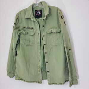 Young & Reckless Green Button-Up Shacket with Patches, Size Medium